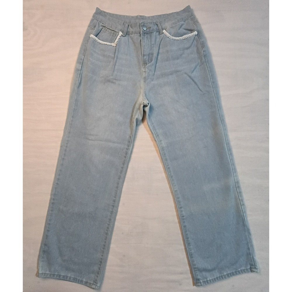 Unbranded Light Wash Boho Trim Wide Leg Jeans Womens XL High Waisted Stretch
